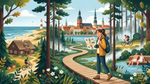 Современная иллюстрация с достопримечательностями Латвии для статьи о трендах авторских туров 2026 года