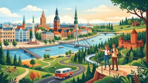 Современная иллюстрация Риги и окрестностей для статьи о планировании идеальных выходных в Латвии