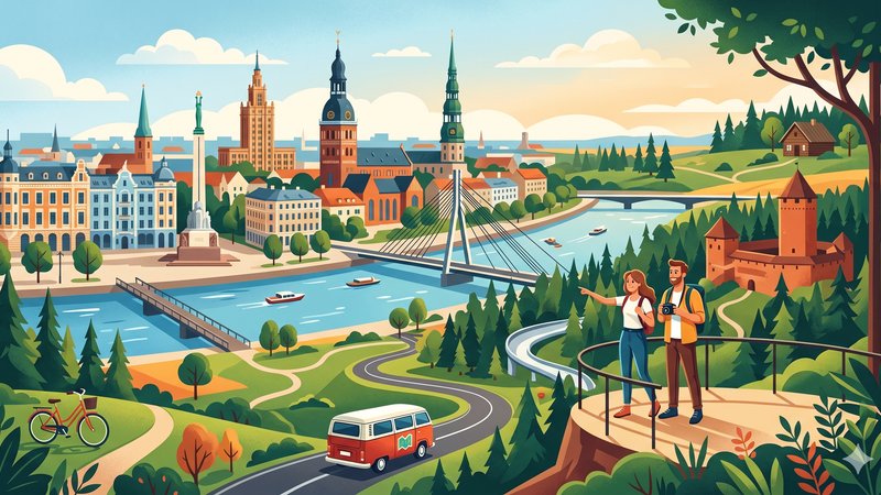 Современная иллюстрация Риги и окрестностей для статьи о планировании идеальных выходных в Латвии
