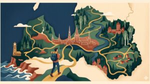 Современная иллюстрация с секретными локациями и живописными маршрутами для авторских туров по Латвии