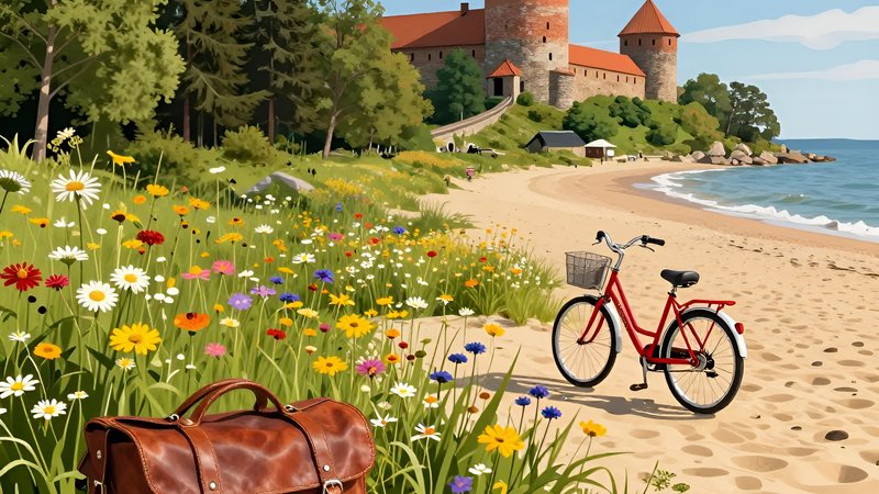 Летний пейзаж Латвии с картой и чемоданом для планирования авторских туров в июле